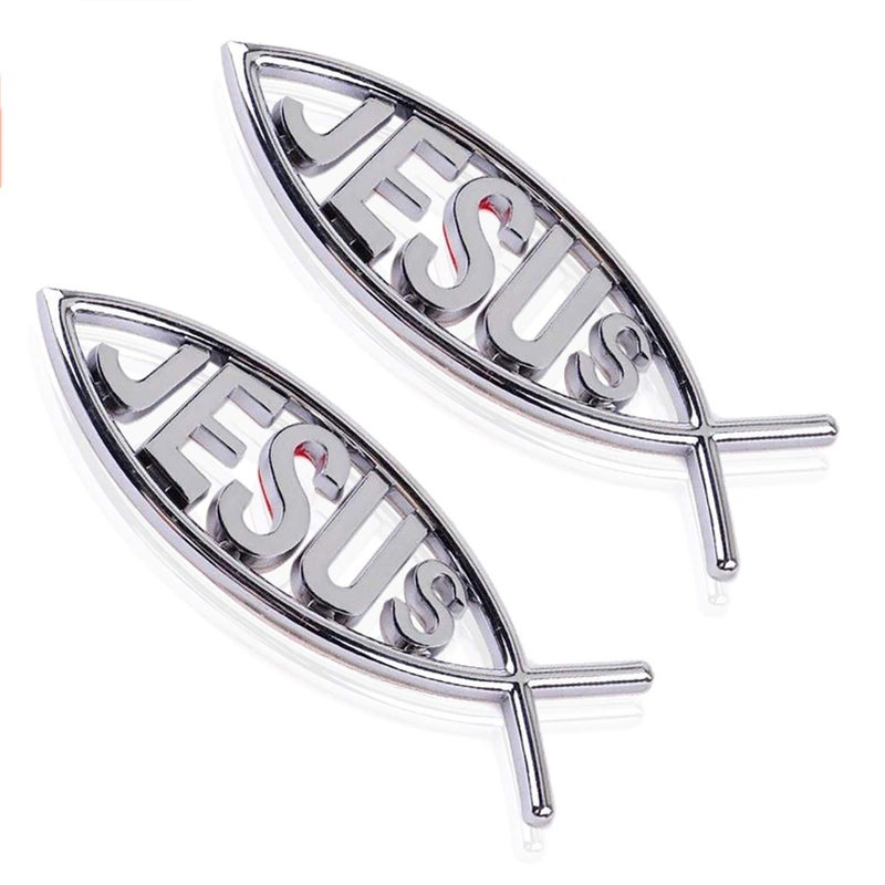 MEETCUTE 2pcs Jesus Fish Decal Sticker Silver,3D Car Chrome Decal Emblem Sticker Religious God for Jesus Christian Fish Symbol - Image 1